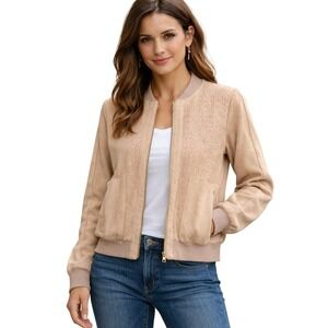 Alythea Womens S Faux Suede Perforated Bomber Jacket Zip Beige Cropped Boho